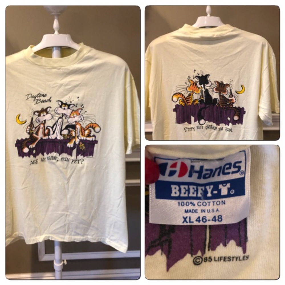 Vtg 85 Daytona Beach double-sided cat T-shirt
